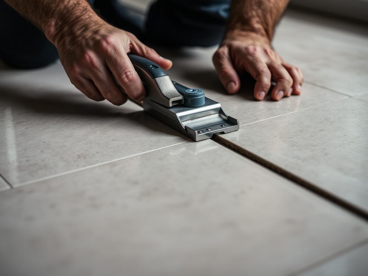 Tiler preparing and levelling a floor substrate before tiling