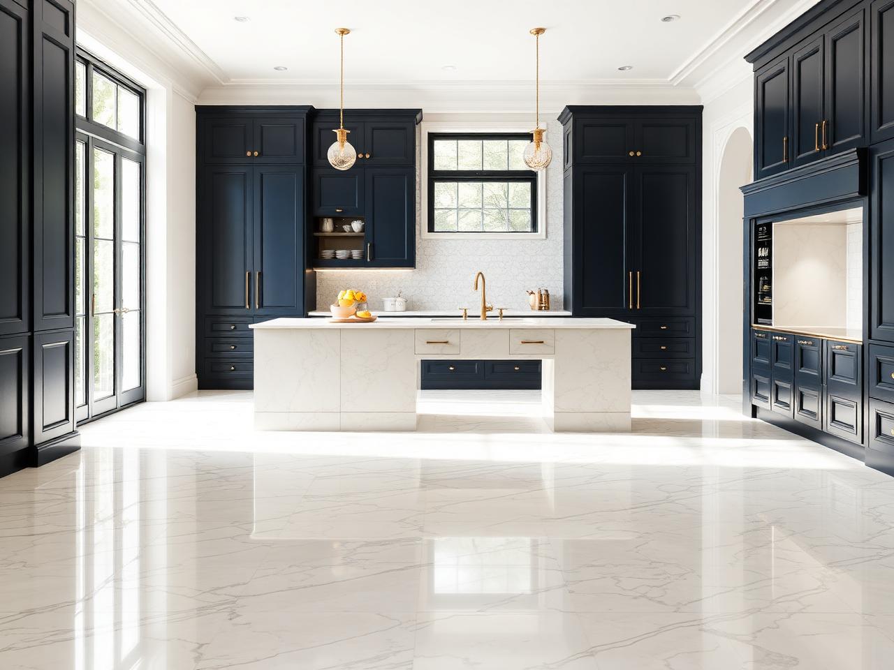 Polished large format porcelain tiles in a modern kitchen